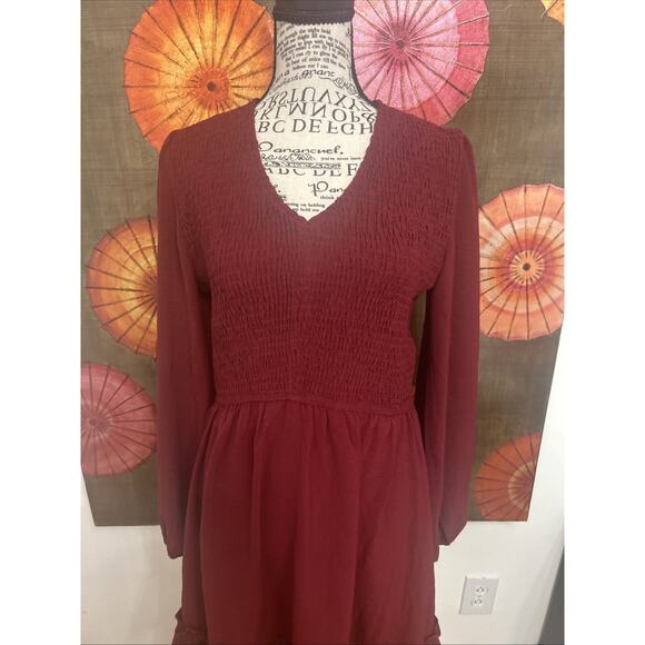 Woman’s Burgundy Smock Bodice MIDI Dress W/Peasant Sleeves Boho Chic Sz M - Picture 2 of 6